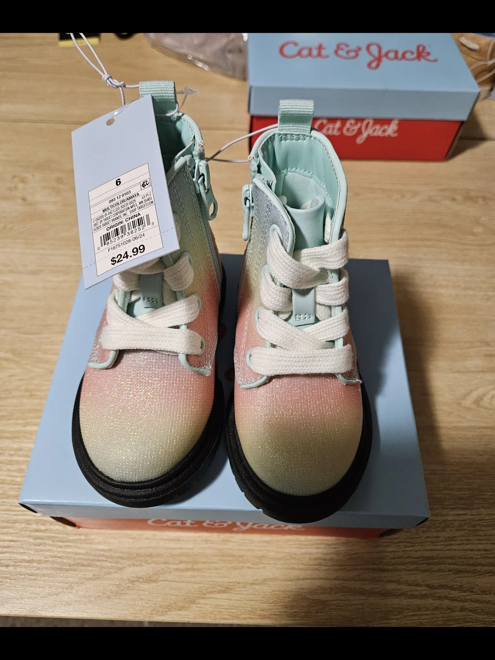 Cat & Jack Toddler Glitter Rainbow Lace-Up Boots in Pink, Mint, Yellow
